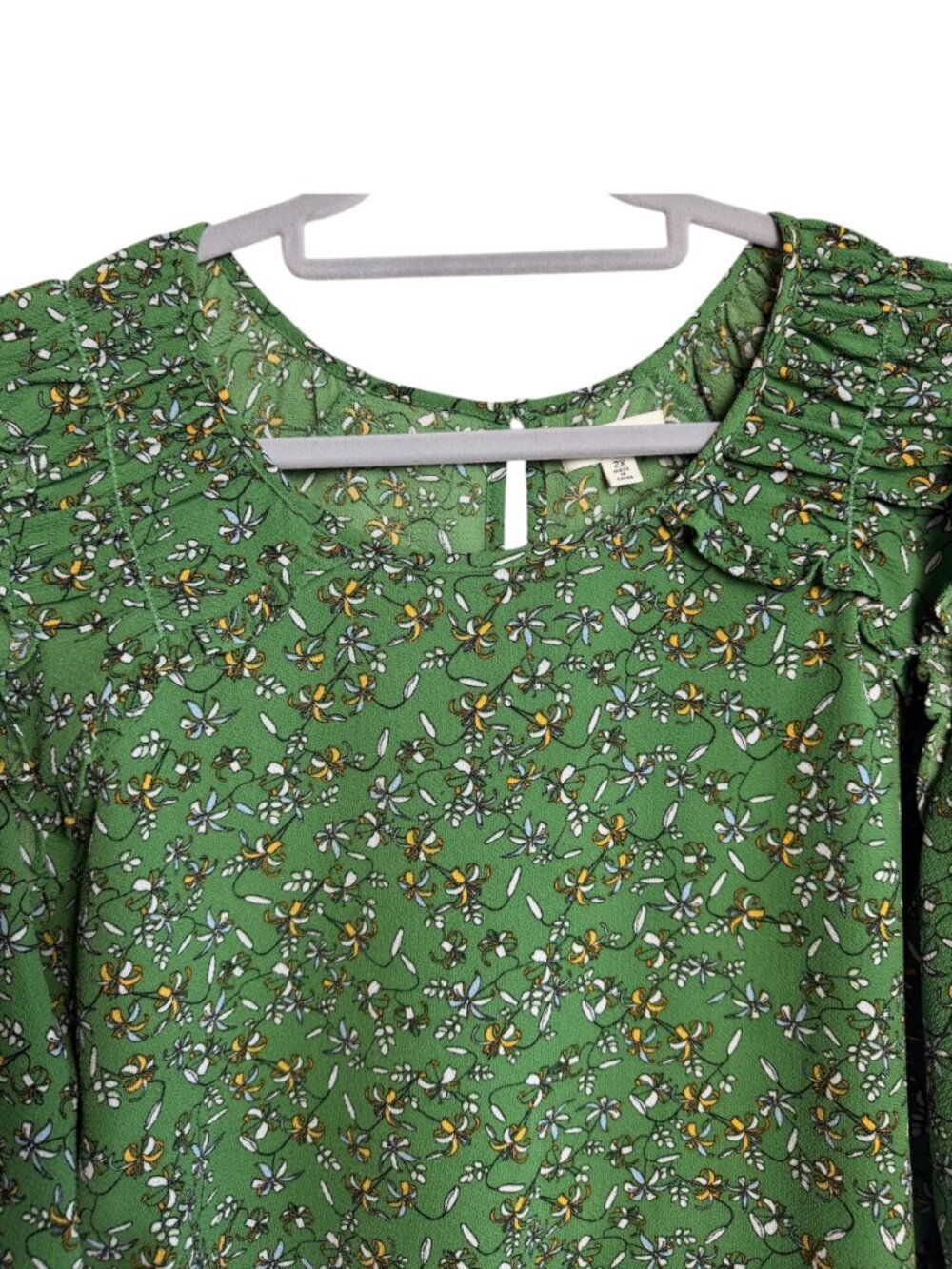 Max Studio Green Floral Ditsy Print Ruffle Yoke Balloon Sleeve Blouse - Picture 4 of 12